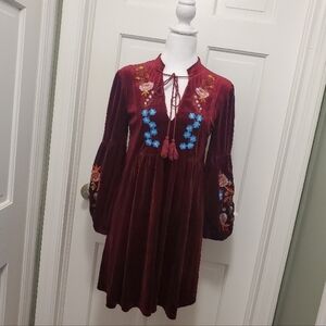 NWT Aofur Burgundy Embroidered Floral Print Bohemian Mini Dress Small